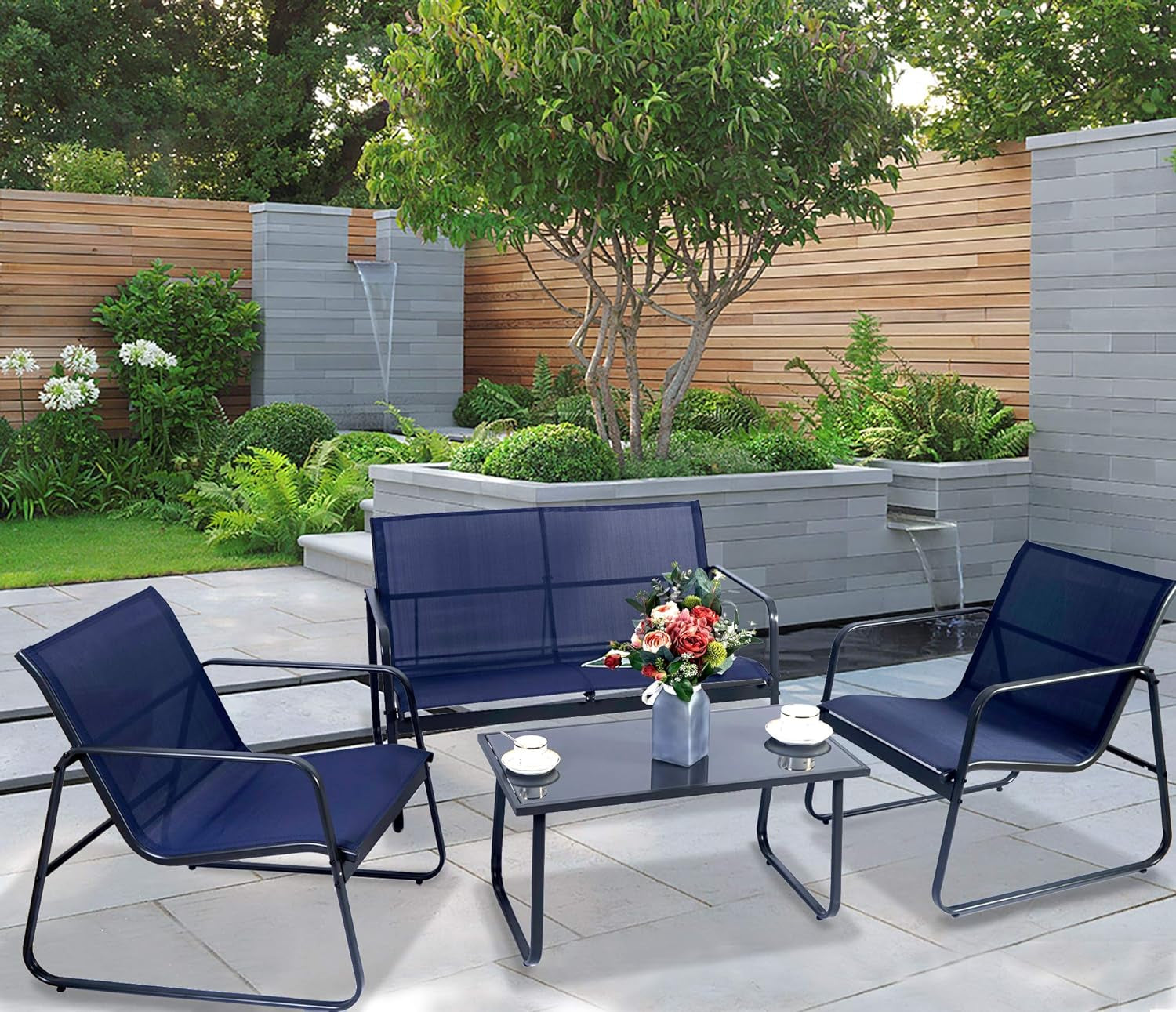 Sofia 4 Pieces Patio/Outdoor Conversation Set with Strong Powder Coated Metal Frame, Breathable Textilence, Includes One Love Seat, Two Chairs and One Table (Navy Blue)