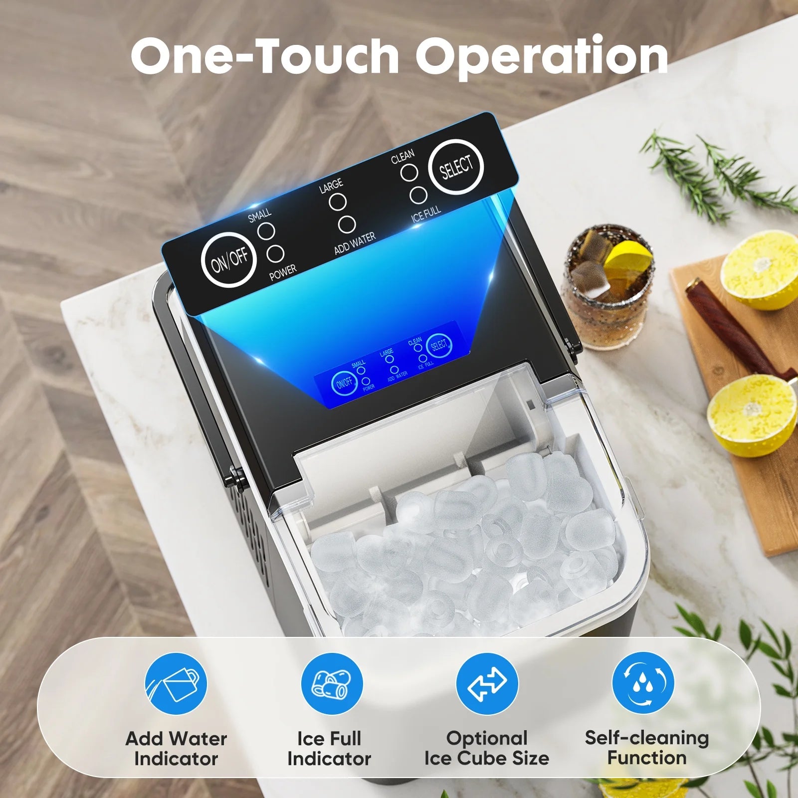 Countertop Ice Maker, Self-Cleaning Portable Ice Maker Machine with Handle and Ice Scoop 9Pcs/6Min 26.5Lbs/24H Black