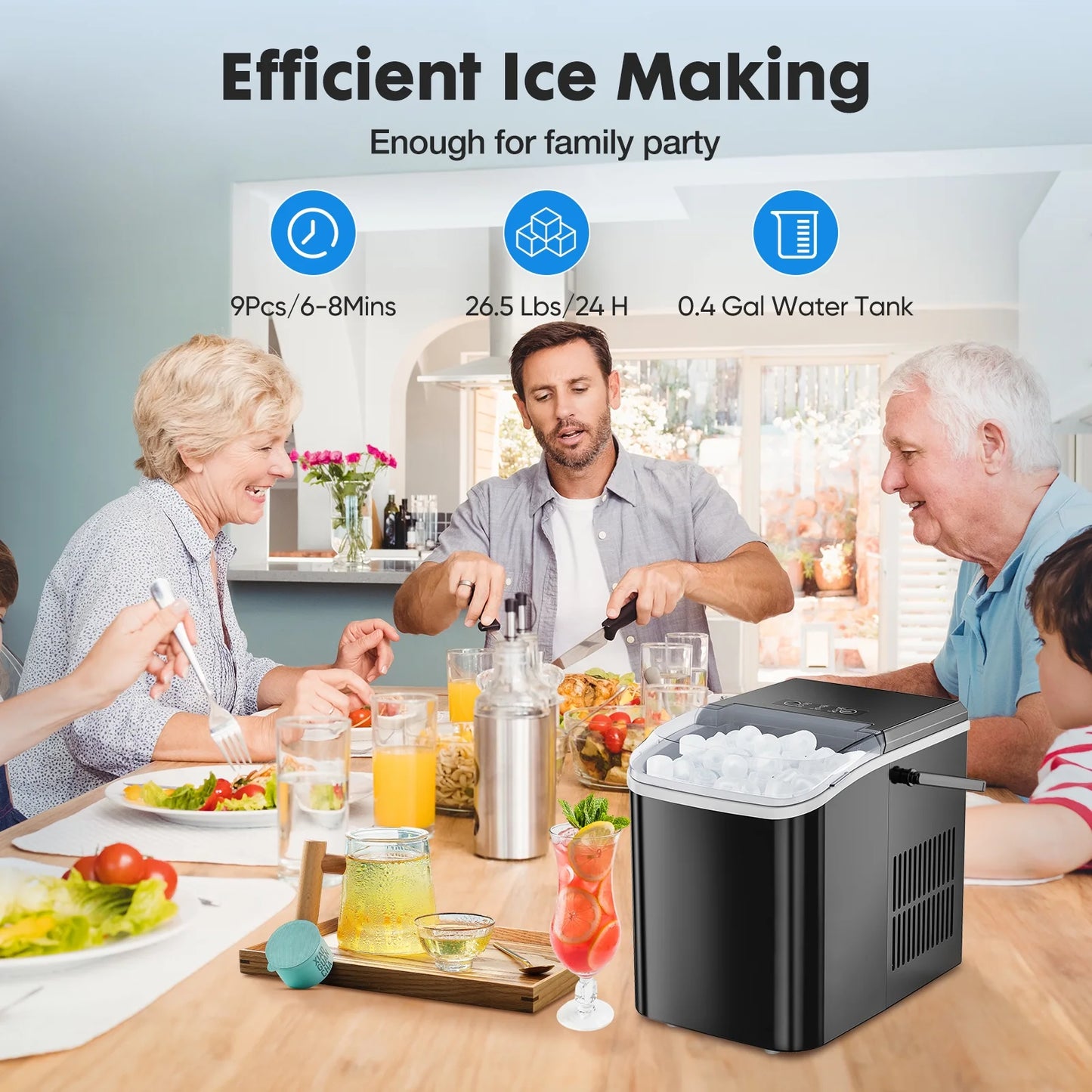 Countertop Ice Maker, Self-Cleaning Portable Ice Maker Machine with Handle and Ice Scoop 9Pcs/6Min 26.5Lbs/24H Black