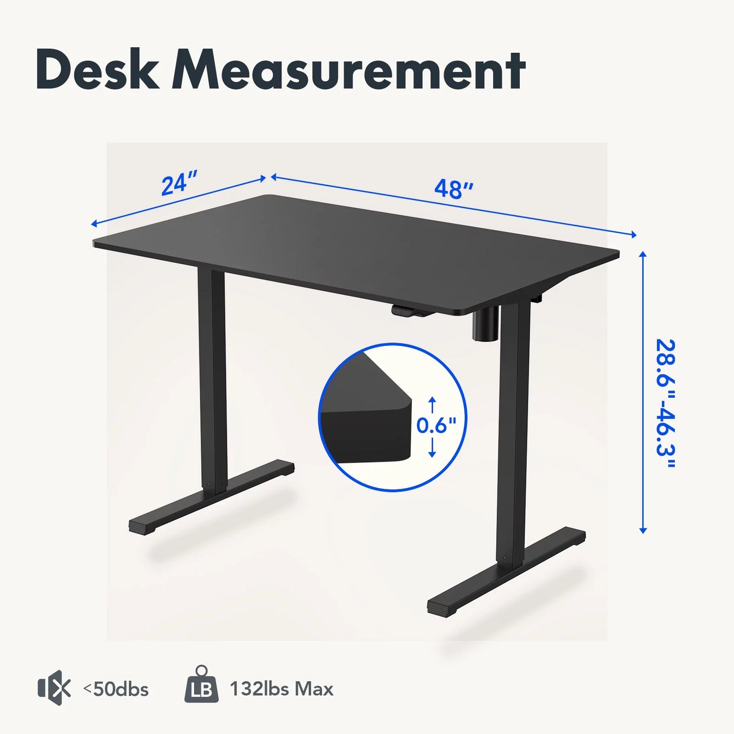 48"X24" Whole-Piece Desktop Height Adjustable Standing Desk Black Ergonomic Home Office Computer Desk with 2 Hooks