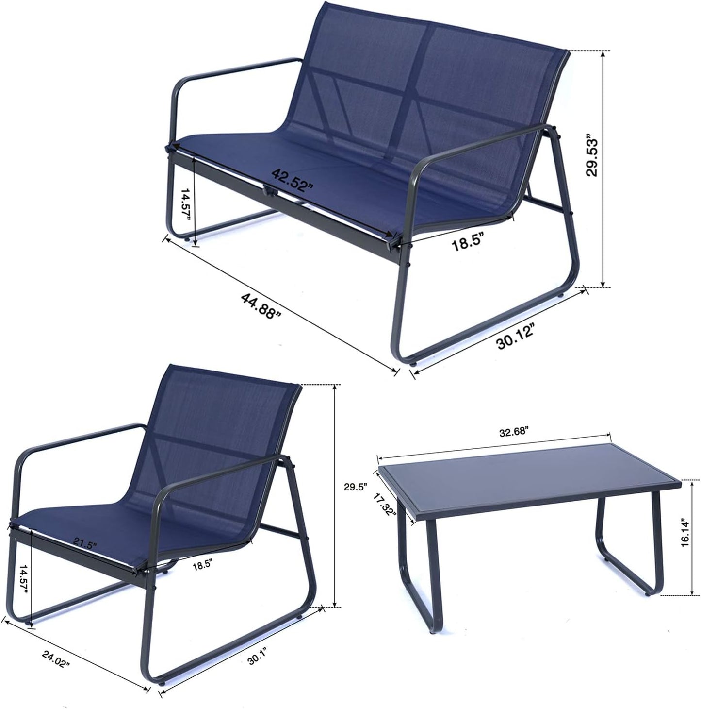 Sofia 4 Pieces Patio/Outdoor Conversation Set with Strong Powder Coated Metal Frame, Breathable Textilence, Includes One Love Seat, Two Chairs and One Table (Navy Blue)