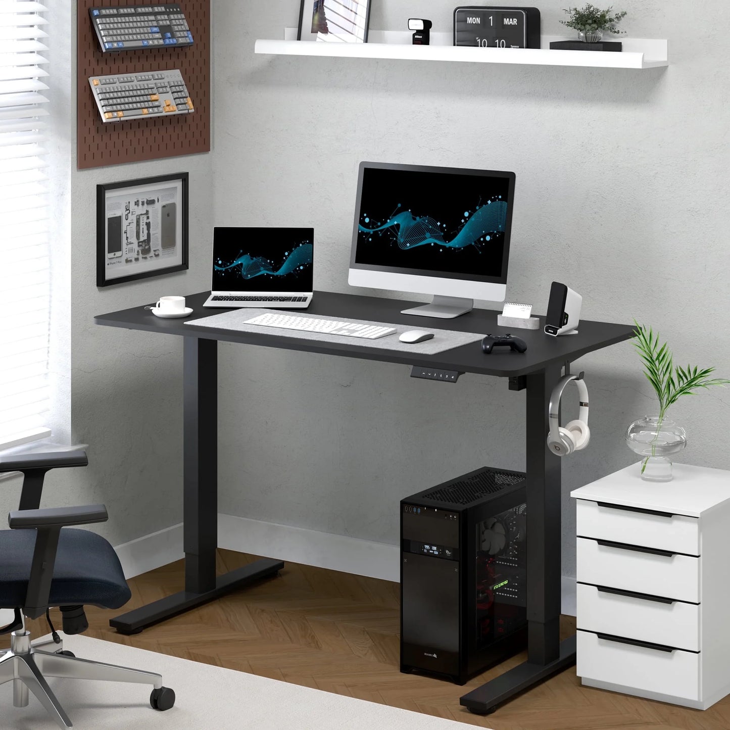 48"X24" Whole-Piece Desktop Height Adjustable Standing Desk Black Ergonomic Home Office Computer Desk with 2 Hooks